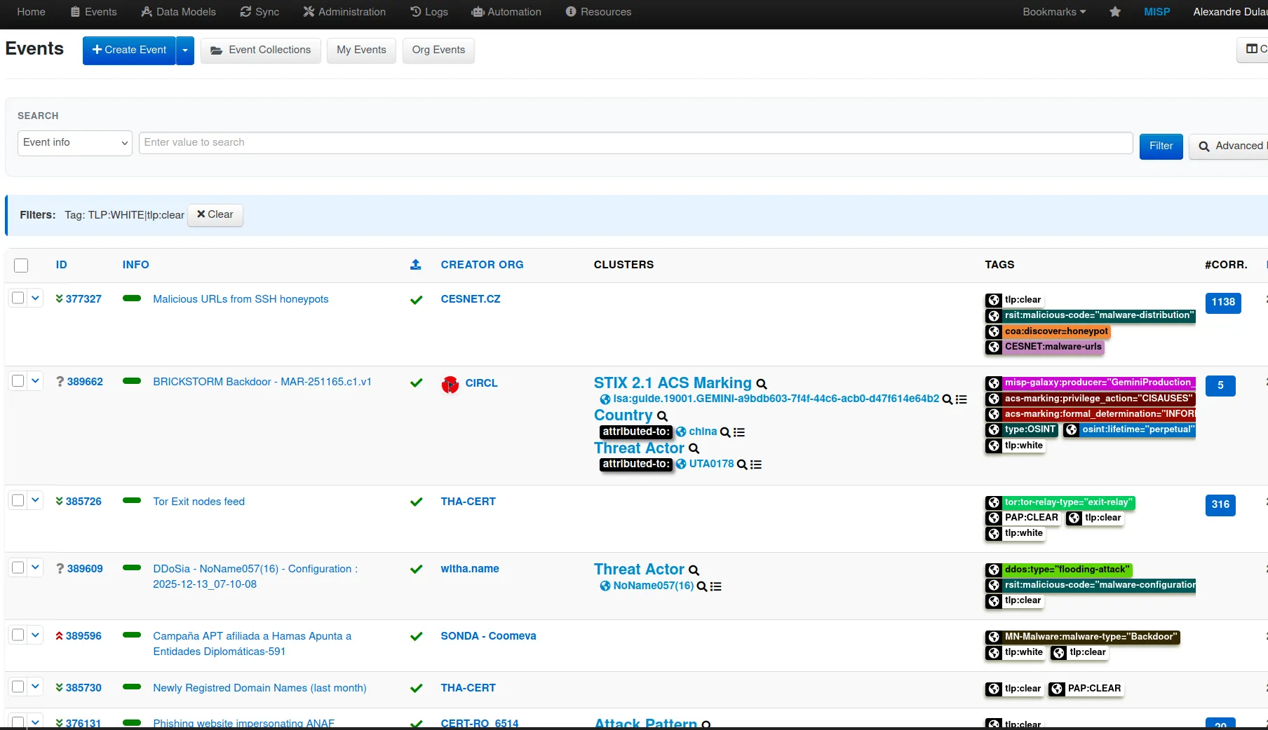 MISP Beta UI showing the redesigned Event Index with tags, clusters, and streamlined navigation